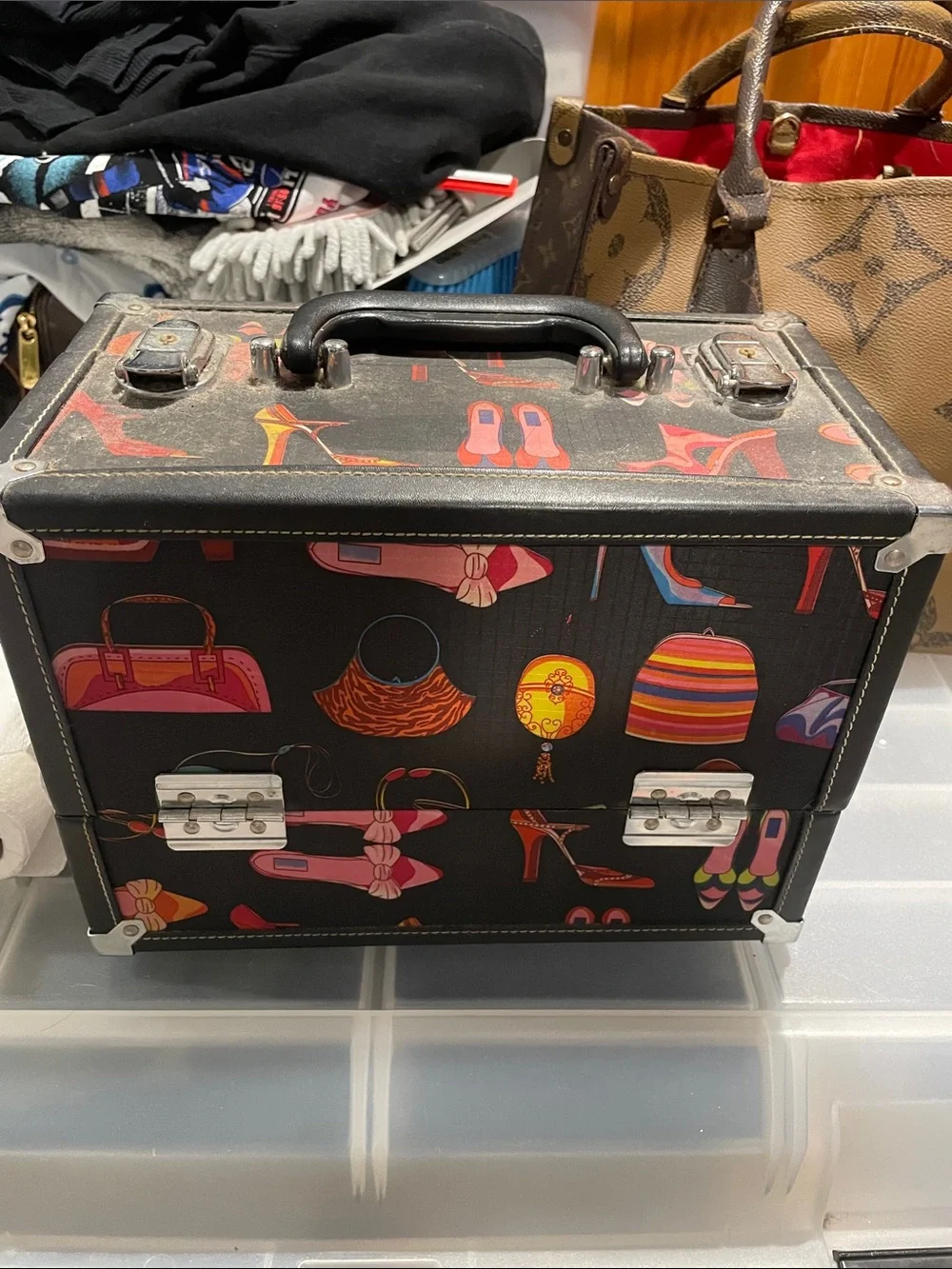 Black with colorful design Fold-Out Makeup Storage Case with Multicolor Trim
